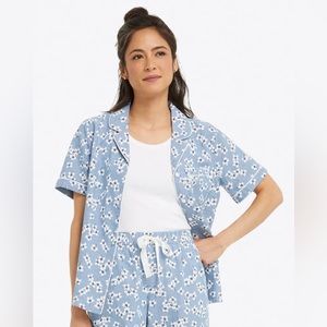 DRAPER JAMES Land’s End Blue Button Down Pajama Shirt Floral Chambray 10/12